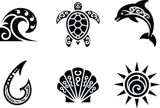 Black Tribal Polynesian Set of Sea Creatures, Fish Hook, and Wave Icons