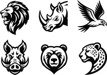 Obraz premium Black and White Set of Wild Animal Heads and Mascot Icons