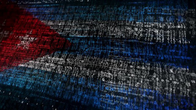 Cuba flag waving secure code. Cuban blowing banner cyber security attack and hack concept animation.