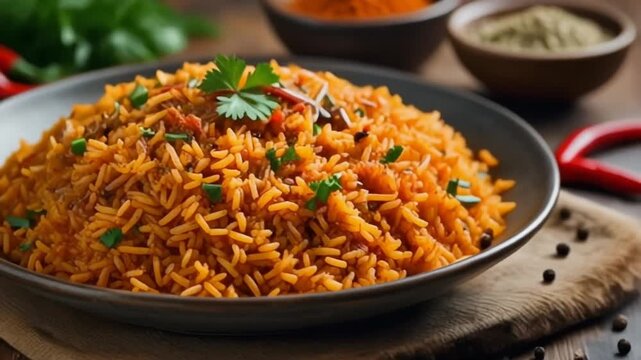 A hearty bowl of flavorful orange-colored rice pilaf, expertly seasoned with a blend of exotic spices and garnished with fresh green herbs on a rustic table