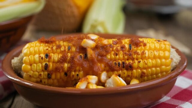 Grilled Corn on the Cob Topped with Sauce and Cheese in an Earthenware Bowl