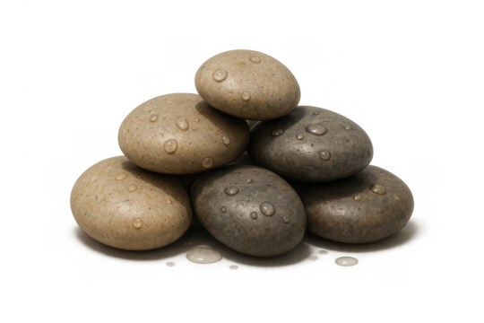 Zen balance with stacked wet pebbles, creating a serene and harmonious natural rock tower with water drops