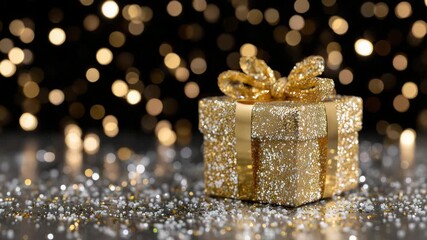 27Dramatic close-up of gift box wrapped in metallic gold paper, glittering confetti bursts in the air, reflections of sparkling lights on smooth surface