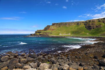 Giant's Causeway natural landmark scenery in Northern Ireland. Wonder of nature in County Antrim. Summer landscape.