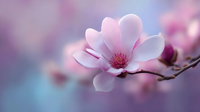 Delicate pink magnolia blossom soft focus floral image for spring-themed backgrounds and elegant designs