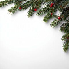 Christmas Pine Branch Frame with Red Berries on White Background