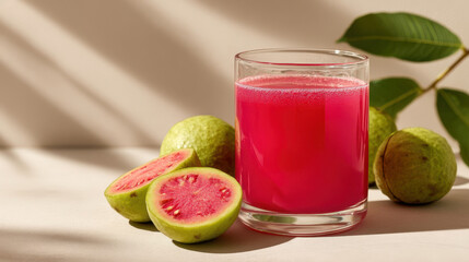 Fresh pink guava juice in a clear glass with ripe tropical guavas, a bright natural fruit drink
