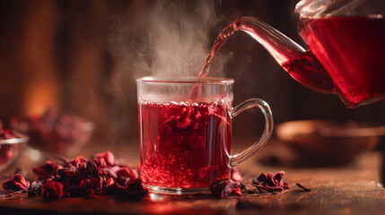 Fototapeta premium Hot hibiscus tea poured into a clear glass mug with rising steam, a bright red herbal drink called hibiscus