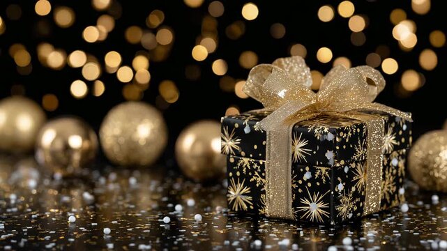 35Gift box wrapped in shimmering gold foil bursts with confetti explosion, surrounded by sparkling orbs of light and reflective surfaces, joyous festive imagery