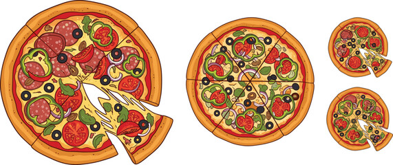 Top view pizza vector set with sliced and whole Italian pizzas featuring pepperoni, olives, basil, cheese toppings, isolated flat design illustration.
