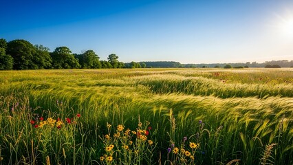 Fototapeta premium A sunlit field of wildflowers and tall grasses with trees in the background under a blue sky