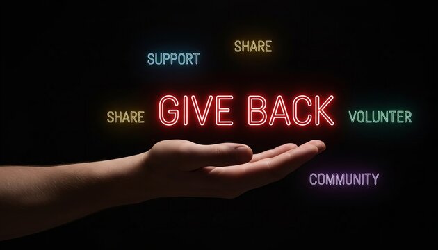 Words &lsquo;GIVE BACK&rsquo; on a dark black background, creating a modern impactful charity-inspired concept
