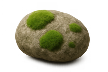 Round stone having patches of green moss on its surface, a natural element with transparent background