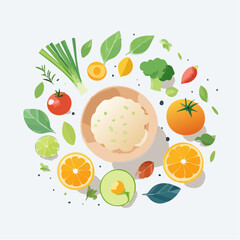 A delicious bowl surrounded by fresh, healthy food. Perfect for promoting healthy eating, recipes, or dietary advice. A vibrant and colorful design to attract attention.