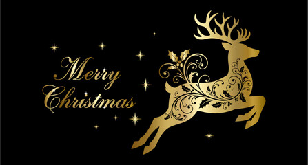 Vintage new year card design with reindeer silhouette, winter decoration, snow, and holiday celebration illustration