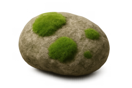 Round stone having patches of green moss on its surface, a natural element with transparent background