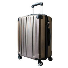 A suitcase with wheels and a black handle isolated on white and transparent background