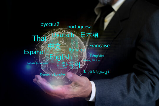 Person holds displaying an AI powered language translation app. modern global communication, language learning, AI assistant translation technology with multilingual interface