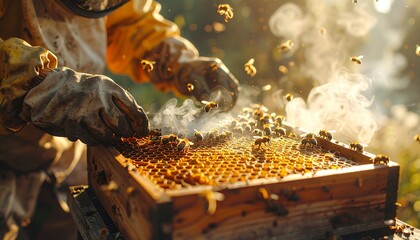 Beekeeper tending hive. Bees swarm around golden honeycomb, smoke drifting, bright light. Focus on honeycombs