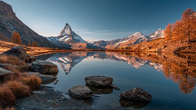 Panoramic autumn morning landscape of stellisee lake reflecting the iconic matterhorn peak with vibrant alpine colors near zermatt in the swiss alps europe