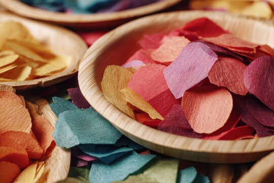 Close-up of eco-friendly party decorations with recycled paper confetti and bamboo plates in natural aesthetic, perfect for sustainable celebration green event zero-waste party planning concepts