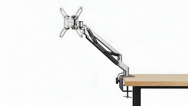A silver monitor arm is clamped to a light-wood desk, extended over white