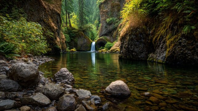 Punch bowl falls cascading along the eagle creek trail in oregon surrounded by moss-covered rocks and lush forest with detailed foreground textures