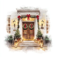 Festive doorway with holiday decorations.