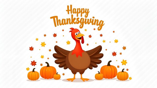 Cute cartoon turkey waving cheerfully with pumpkins arranged around it, Happy Thanksgiving text above, isolated on white
