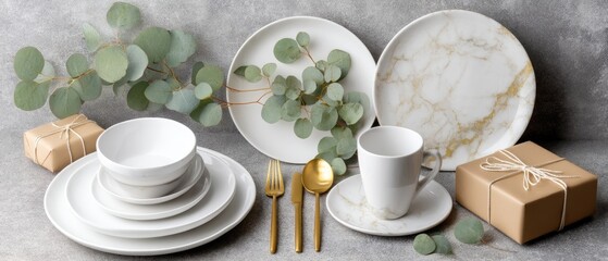Elegant table setting features white plates, shiny silverware, and a soft yellow cloth, complemented by holiday greenery and a gift
