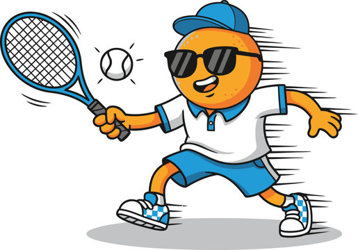 Cool orange character playing tennis, swinging racket, motion blur effect, clean colorful vector illustration on white background