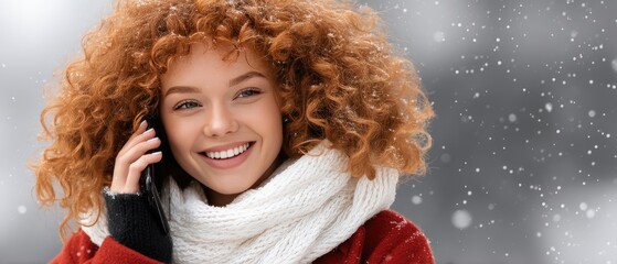 A woman in warm attire smiles as she looks at her phone in a charming outdoor area filled with soft lights