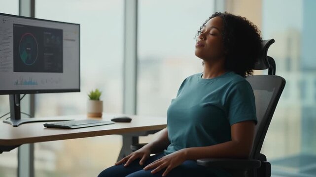 A woman takes a moment of peaceful pause at her desk, with a serene expression. Reflecting on the demands of the day, she is enveloped in a moment of calm.