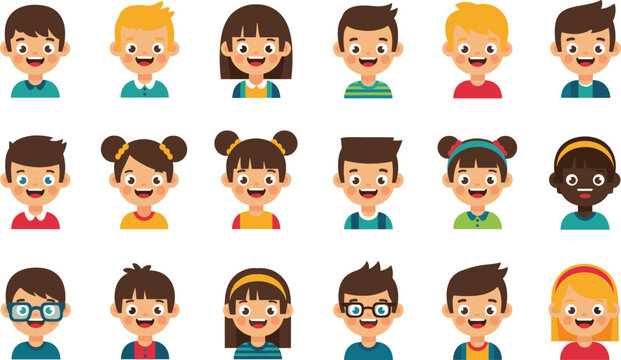 Cute kids avatar character set with diverse cartoon boy and girl faces, colorful hairstyles and expressions, flat vector illustration for education and design projects.