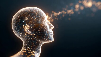 Digital human head profile made of glowing network connections and data stream - Powered by Adobe