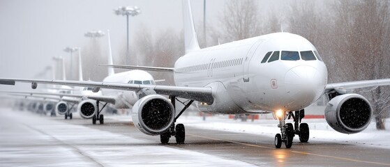 A person walks on a snowy airfield past parked aircraft in winter, highlighting the cold conditions of the busy location