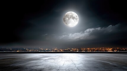 A serene road lined with trees leads to a glowing city skyline under a bright full moon, creating a peaceful nighttime atmosphere