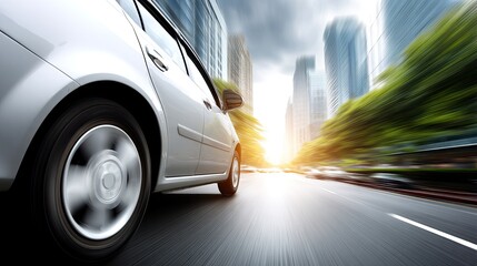 Obraz premium A white vehicle is parked in the foreground, showcasing its tire, while another car drives in the background on a sunny day
