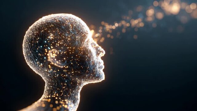 Digital human head profile made of glowing network connections and data stream - Powered by Adobe