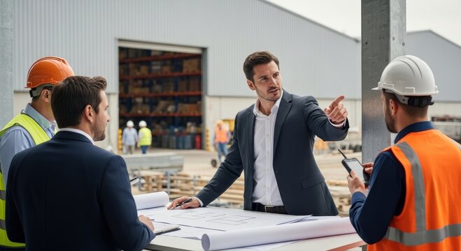 Business executives and skilled construction workers collaborate onsite, meticulously reviewing architectural blueprints for efficient industrial project development and future growth