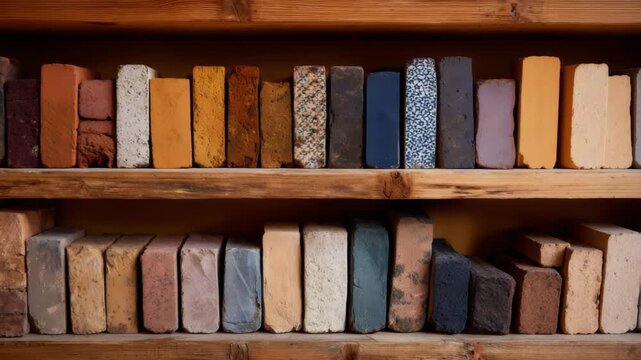 92Close-up of organized shelving filled with diverse bricks in red, tan, gray, and ochre hues, each with distinct surface textures under even studio lighting