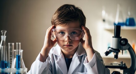 Curious young boy in a white lab coat wears safety goggles, focusing intently amidst scientific beakers with blue liquids, embodying early STEM education and discovery
