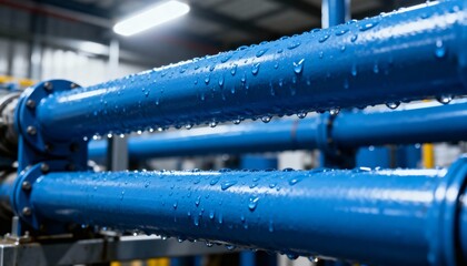 Macro shot of vibrant blue industrial piping systems with condensation droplets clinging to the surface.