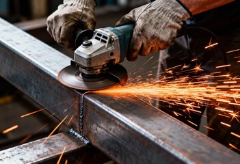 Close-up of a worker using an angle grinder on a steel beam, creating intense orange sparks during the metalworking process in a factory.