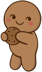 Cartoon cute gingerbread man character holding chocolate chip cookie