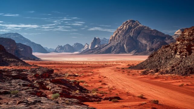 Red mars-like desert landscape of wadi rum in jordan featuring dramatic sandstone formations, wide open valleys, and cinematic terrain resembling science fiction planetary scenery - Powered by Adobe