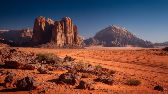 Red mars-like desert landscape of wadi rum in jordan featuring dramatic sandstone formations, wide open valleys, and cinematic terrain resembling science fiction planetary scenery