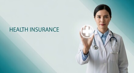 Female medical professional presents vital health insurance coverage using a glowing digital cross icon against a modern blue background, ensuring future wellness