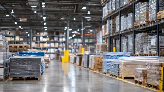 94Modern interior of a materials warehouse featuring organized stacks of colorful building bricks, glossy surfaces reflecting overhead lights