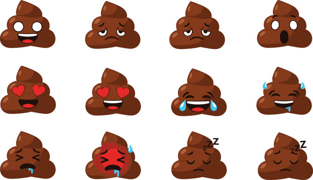 Cute poop emoji faces vector illustration set showing multiple funny emotional expressions including happiness, love, surprise, sadness, and sleep for modern design use.